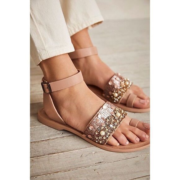 New Free People Sun Peaks Embellished Sandals Size 38 (Black) - Picture 1 of 7